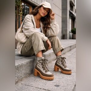 Dolce Vita Lace-Up Chunky Heel Lug Sole Combat Boots Olive Taupe Sz 10